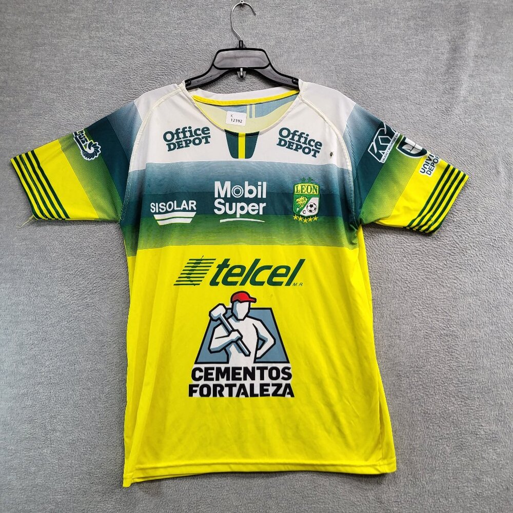 Leon Men Soccer Away‎ Jersey Large Yellow Striped Ciudad Maderas Crew Neck